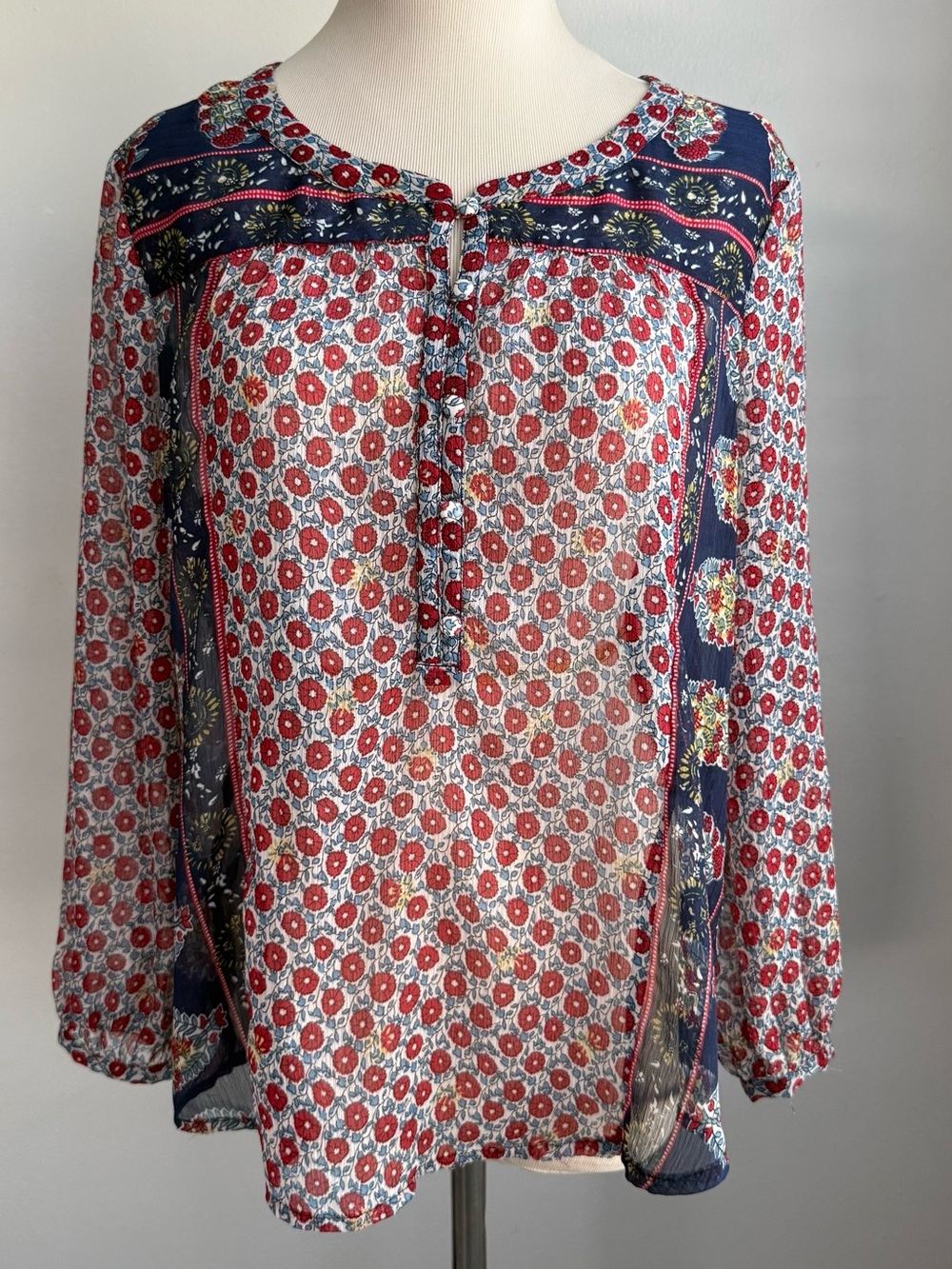 Lucky Brand Top Womens Small Pink Boho Floral Print Neck Tie Long Sleeve Blouse
